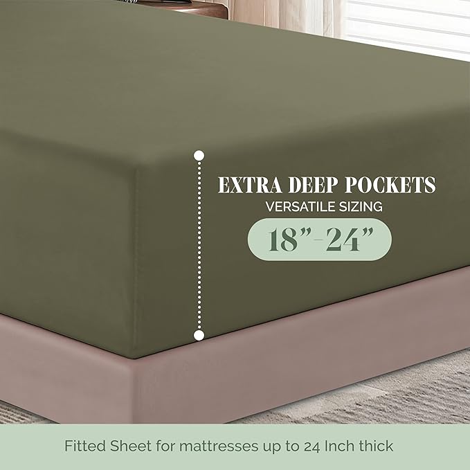 Elegant Comfort 1500 Premium Hotel Quality 18-24 Inches Deep - Extra Deep Pocket Single Fitted Sheet for High Mattress, Luxury and Softest, Smart Pocket - Wrinkle Free, California King, Green