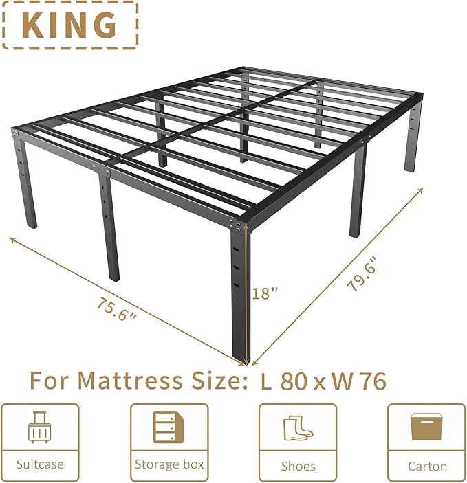 HOBINCHE 18 Inch Metal King Size Bed Frame No Box Spring Needed - Easy Assembly Heavy Duty Noise Free Narrow Bedframes - Double Black Basic Steel Slats Platform with Storage