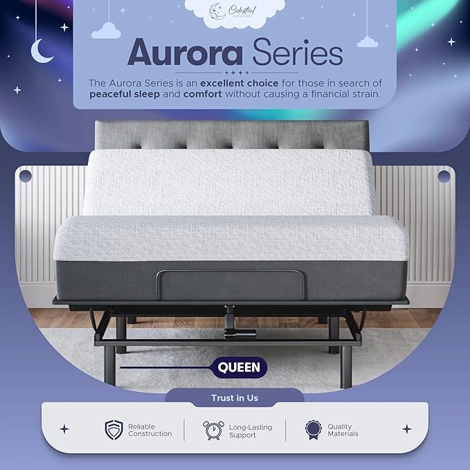 Celestial Aurora Adjustable Bed Base (Frame) + 10 inch Gel Memory Foam Mattress (Medium), Easy Assembly, Head and Foot Lift, Zero Gravity, Memory Positions, CertiPUR-US Bed - Queen