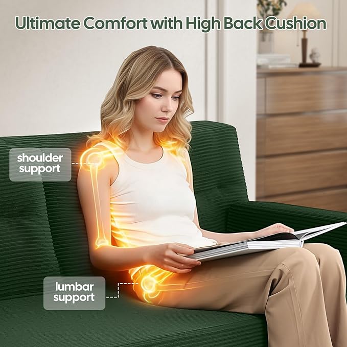 MeMoreCool Boneless Couch Convertible Sofa Bed Queen, Corduroy Futon Couch Sleeper Sofa, Boneless Loveseat Pull Out Couch Bed, Fold Out Floor Sofa for Living Room Bedroom Apartment, Green