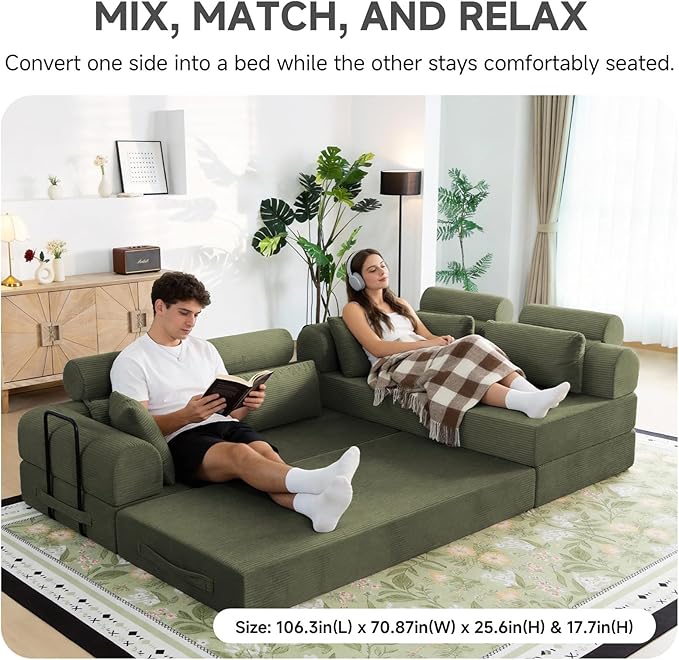 106” L Shaped Boneless Sectional Couch, Two 70.87” Pieces Convert to 141.7” Extra Long Straight Sofa, Corduroy Couch in a Box with Headrest and Back Pillows for Apartment Living Room, Light Green