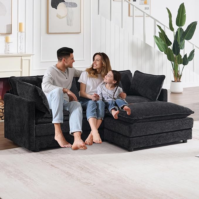 Modular Sectional Sofa with Ottoman, 76.7" Modern L Shaped Sectionals Cloud Couch, Comfy Couch Loveseat, 3 Seat Chenille Deep Seat Sofa with Pillow for Living Room,Bedroom Apartment,Small Spaces-Black