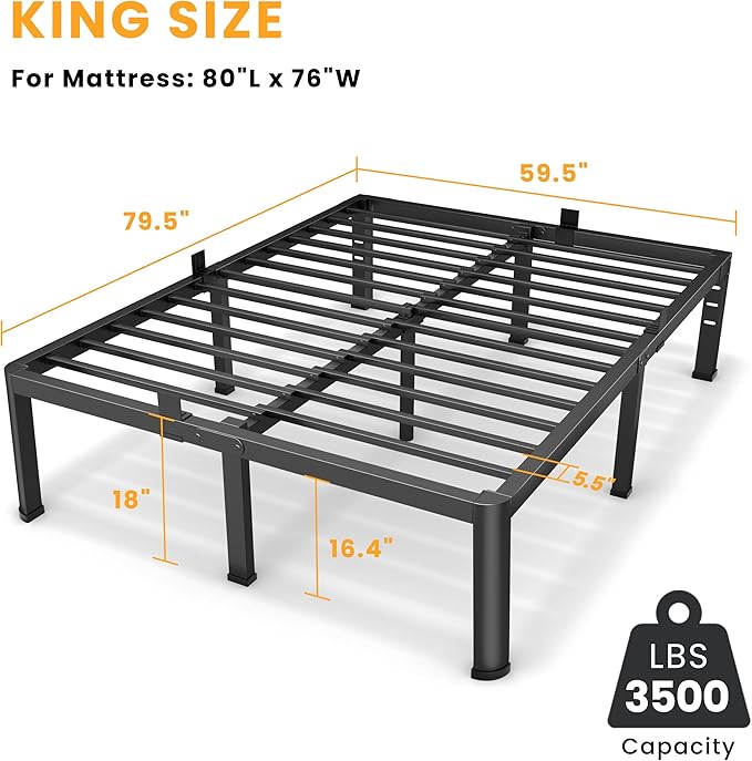 Superay 18 Inch King Size Metal Platform Bed Frame with Round Corners, Storage Space Under High Bed Frame-Heavy Duty Steel Slats Support, Noise Free - Easy Assembly - No Box Spring Needed