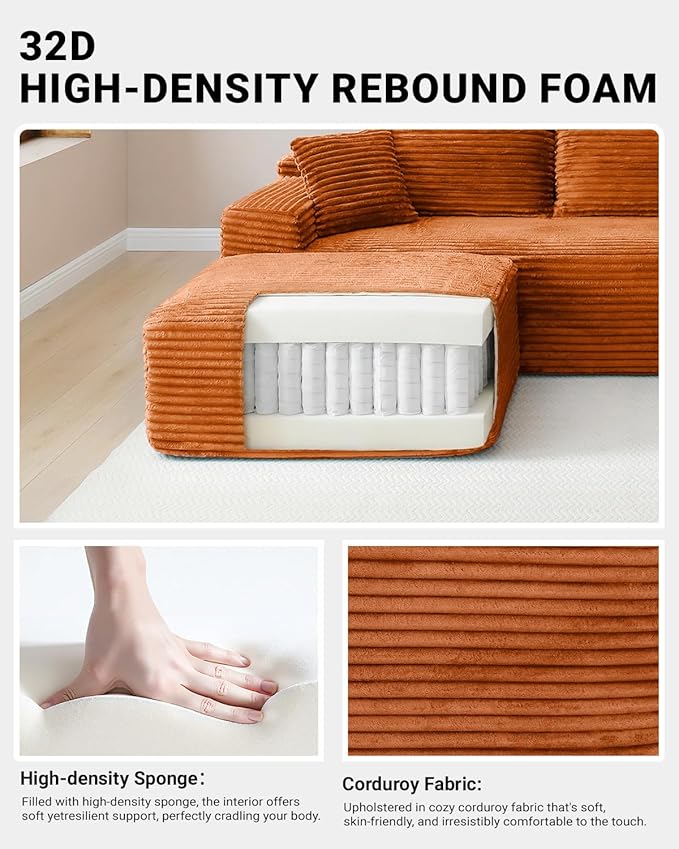 150" Oversized Modular Sectional Sofa,Deep Seat Cloud Corduroy Boneless Couch with Cup Holders,USB Ports, Wireless Charging & Storage Box,Upholstered Modular Sleeper Sofa for Living Room (Orange)