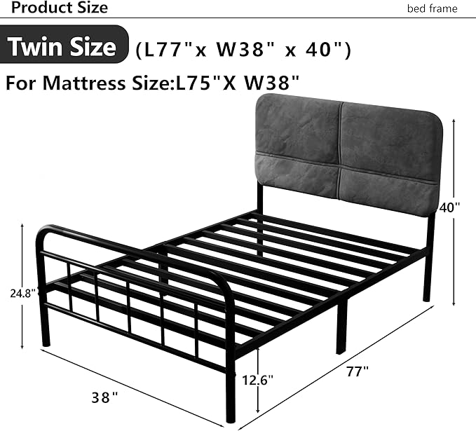 14Inch Metal Bed Frame,Twin Size Bed Frame with Upholstered Headboard,Heavy Duty Sturdy Mattress Foundation,Easy Assembly,No Box Spring Needed,Grey-Twin