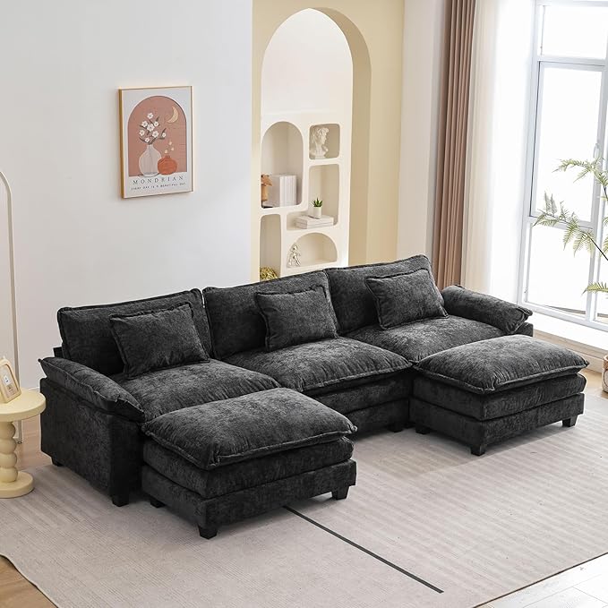 120" Modular Sectional Sofa, Comfy Cloud Couch Sectional Sofa with Ottoman, Chenille Sofa Sleeper Deep Seat Sofa with Throw Pillows for Living Room (Black, 120"- U Shape)