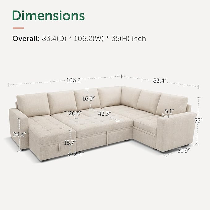 HONBAY Sectional Sleeper Sofa Couch with Pull Out Bed, Convertible L Shaped Couch with Storage, Sleeper Sectional Sofa Bed for Living Room, Beige