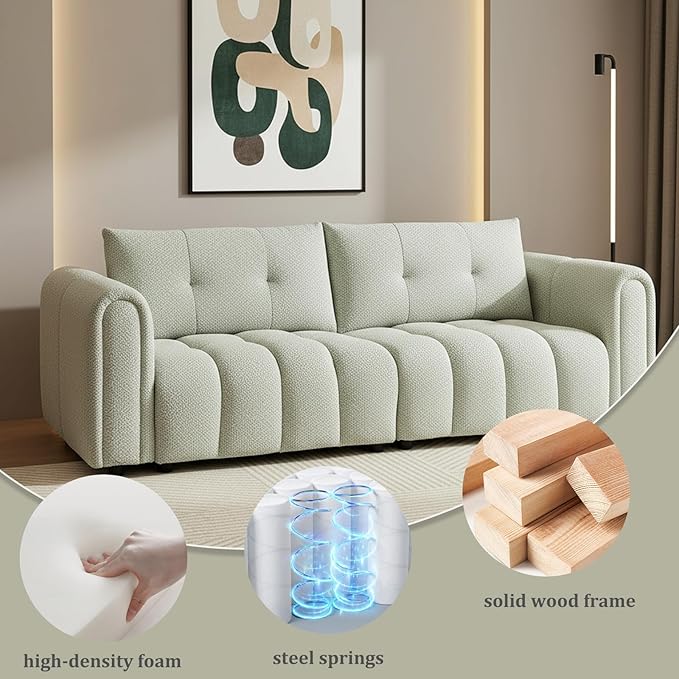 91.5" W Cloud Boucle Sofa for Living Room, Modern Comfy Boucle Couch with Rolled Arms and Soft Pillows, Cozy Teddy Oversized Loveseat for Apartment, Studio, Bedroom, Sage Green