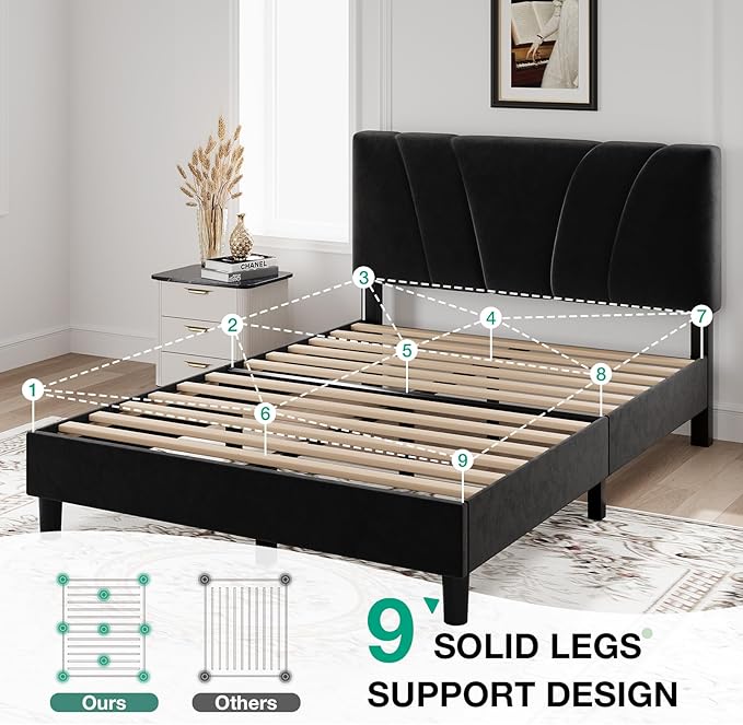 Novilla Full Size Bed Frame with Headboard, Full Bed Frame with Wooden Slats Support, Velvet Upholstered Headboard, No Box Spring Needed, Heavy Duty Feet, Easy Assembly, Black Velvet