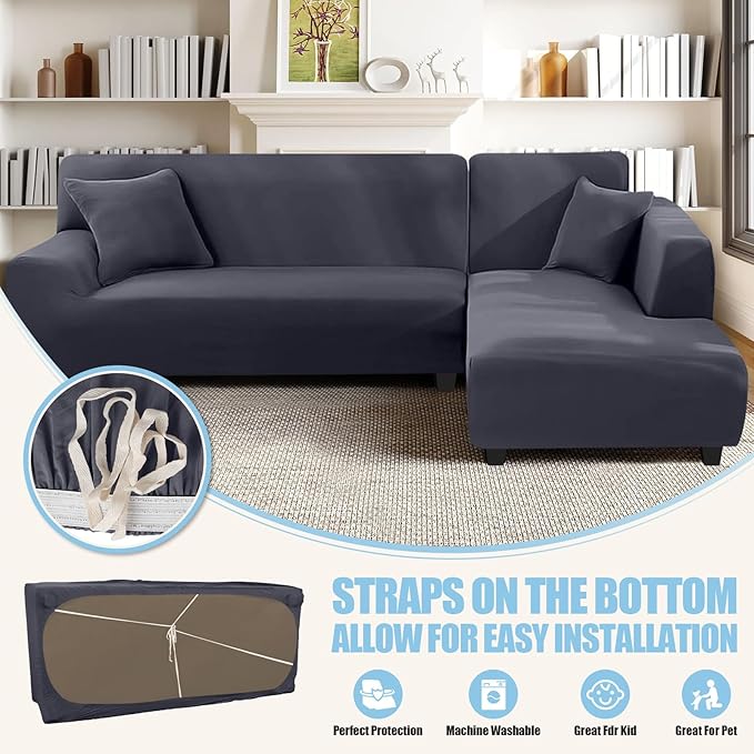 KinCam Sectional Couch Covers L Shape Sofa Covers Super Stretch 2pcs Sofa Slipcovers for 3 + 3 Seaters Sectional Chaise Slipcover with 2pcs Pillow Covers for Pets Kids, Dark Grey