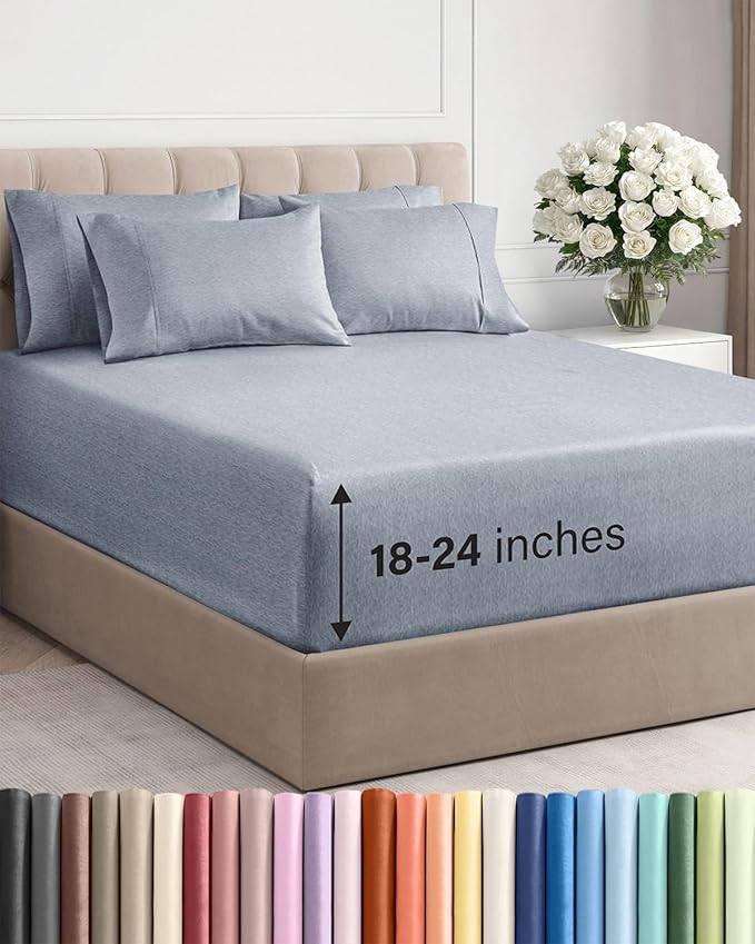 Extra Deep Queen Sheet Set - 6 Piece Breathable and Cooling Sheets - Hotel Luxury Bedding for Women, Men, Kids & Teens - Easy Secure Fit - Soft and Wrinkle Free - Extra Deep Pockets - Heathered Blue