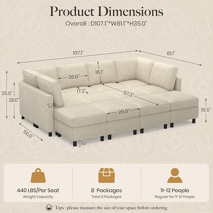 Belffin 110.2" 12 Seats Modular Sectional Sofa Sleeper Sofa Big Washable Sectional Couches for Living Room Comfy Couches with Storage Seat Couch Sofas with Chaise,Beige