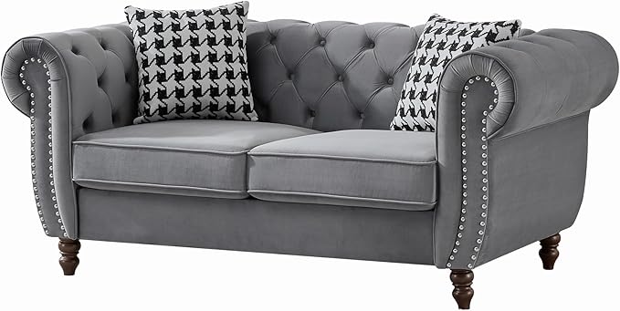 Comfortable Straight-Row Sofa with 2 Pillows,67" Refined Velvet 2 Seat Sofa with Roll Armrest & Nailhead,Sturdy Structure Upholstered Loveseat Couch for Apartment,Office,Reception Area,Grey