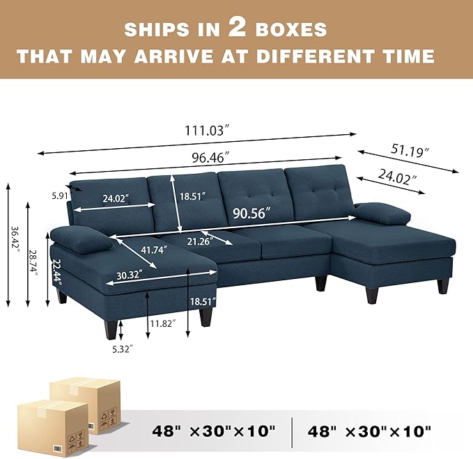 111" Sectional Couch for Living Room, Modern Polyester Fibre U Shaped Sofa Couches with Double Chaise, Upholstered 4 Seater Sofa for Living Room, Apartment, Office, Blue