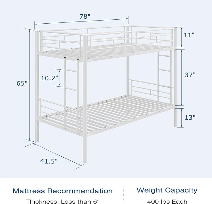 VECELO Bunk Bed Twin Over Twin, Metal Bunkbeds with Ladder and Full-Length Guardrail, No Box Spring Needed, Space Saving, Noise Free, White