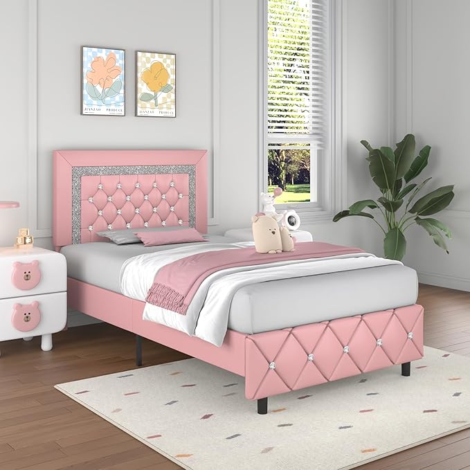 Twin Bed Frame, Faux Leather Platform Bed with Upholstered Diamond Headboard, Mattress Foundation with Strong Wooden Slats Support, No Box Spring Required, Easy Assembly, Pink