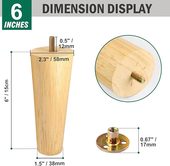 FoDau770 Rubber Wood Furniture Legs 6 Inches, Straight Tapered Wood Feet Mid Century Sofa Legs Set of 4, 5/16" UNC Furniture Feet Replacement Parts for Cabinet Couch Dresser Chair Ottoman Table