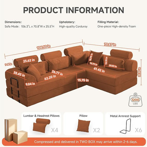 106” L Shaped Boneless Sectional Couch, Two 70.87” Pieces Convert to 141.7” Extra Long Straight Sofa, Corduroy Couch in a Box with Headrest and Back Pillows for Apartment Living Room, Orange