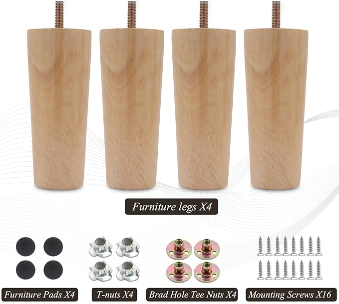 4pcs 4.8 Inch Wood Furniture Legs, Straight Conical Solid Wood Sofa Legs, Mid-Century Style Furniture Feet for Sofa Cabinet Table Cupboard Couch Ottoman Home DIY Projects