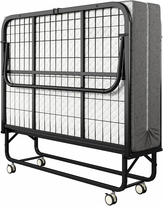 Folding Bed with Mattress for Adults, 75" x 45" Portable Twin XL Size Rollaway Bed, Metal Frame Foldable Guest Bed with Memory Foam Mattress,Deluxe Extra Beds with Side Storage Pocket