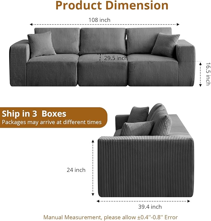 Sectional Cloud Boneless Couch 108" Modern Comfy Linear Straight No Assembly Required Convertible Compression Sleeper Modular Sofa with Corduroy Fabric 3 Deep Seat Single for Living Room