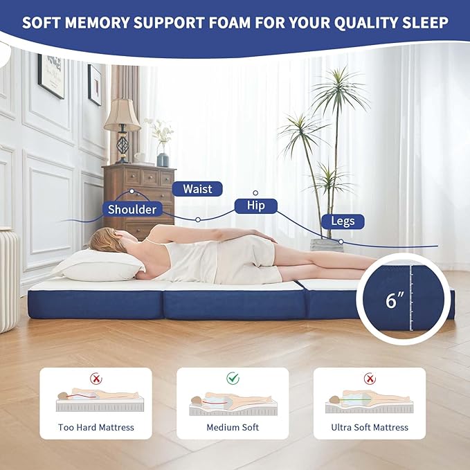 CYMULA Folding Mattress Full Size, Memory Foam 6 inch Tri Portable Trifold Mattress Futon Topper Full with Breathable & Washable Cover, Murphy Bed Guest Bed RV Trips,52"×73"×6"