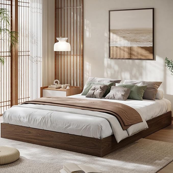 Wood Platform Bed with Sturdy Wooden Slats, Queen Size Floor-Standing Bed Frame, Modern Minimalist Design Bed Frame, No Box Spring Needed, Easy Assembly
