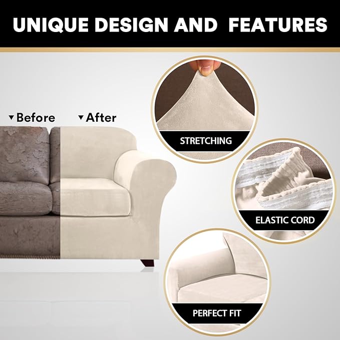 PrinceDeco Velvet XL Couch Cover for Oversized Sofa 4 Piece Sofa Covers for 3 Cushion Couch Washable Furniture Protector with Non Slip Elastic Bottom Width Up to 97 Inch(X-Large, Ivory)