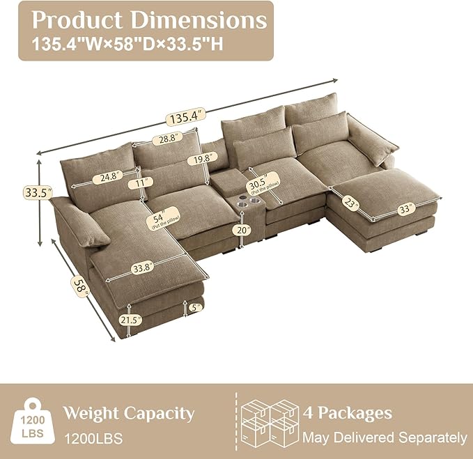 135" U Shaped Cloud Couch Sectional Modular Sectional Couches for Living Room Oversized Comfy Chenille Sofa Cloud Couch Set with Storage Central Console, USB Ports, Chaise Lounge, Ottoman, Brown