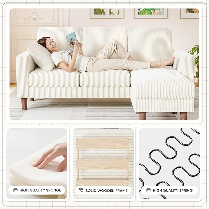 Homall Convertible Sectional Sofa 3 Seat L Shaped Couch with Side Storage Pocket, Sofas with Movable Ottoman, Corduroy Small Couches for Living Room & Apartment (Corduroy, Beige)