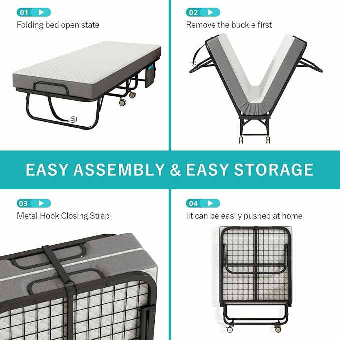 Folding Bed with Mattress for Adults, 75" x 31"Portable Cot-Size Rollaway Bed, Metal Frame Foldable Guest Bed with Memory Foam Mattress,Deluxe Single Beds with Side Storage Pocke