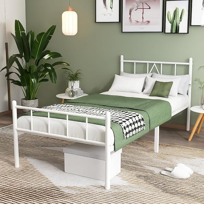 Decorwise 14 Inch Twin Size Bed Frames with Headboard/Footboard, Under Bed Storage, Strong Metal Slats Support, No Box Spring Needed, Noise Free, Easy Assembly, White