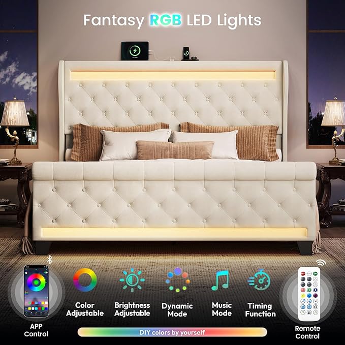 Belffin King Size Bed Frame with Headboard,50" Tall Headboard Upholstered Velvet Platform Bed with LED Lights & 2 USB Port/1 Type C Port, Button Tufted, No Box Spring Needed,Noise Free,Beige