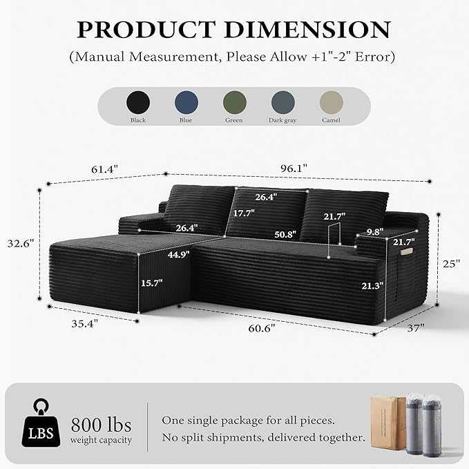 96" Sectional Couches for Living Room Cloud Couch Sofa with L-Shape Upholstered Boneless Couchs Modern Modular Sectional Couch with Chaise (Black, 96" W+Left Facing Chaise+2Seaters)