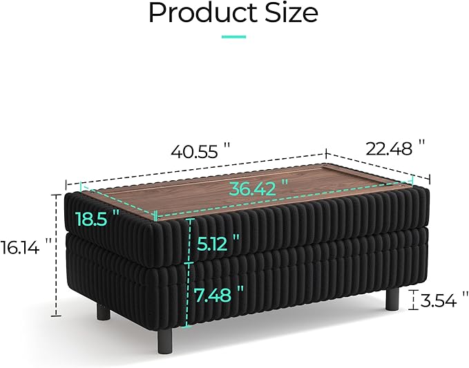 LINSY HOME Sectional Sleeper Sofa - Modular Ottoman Module (Black, Sleeper Sofa Ottoman) | Storage, Convertible, Coffee Table, Plush Corduroy