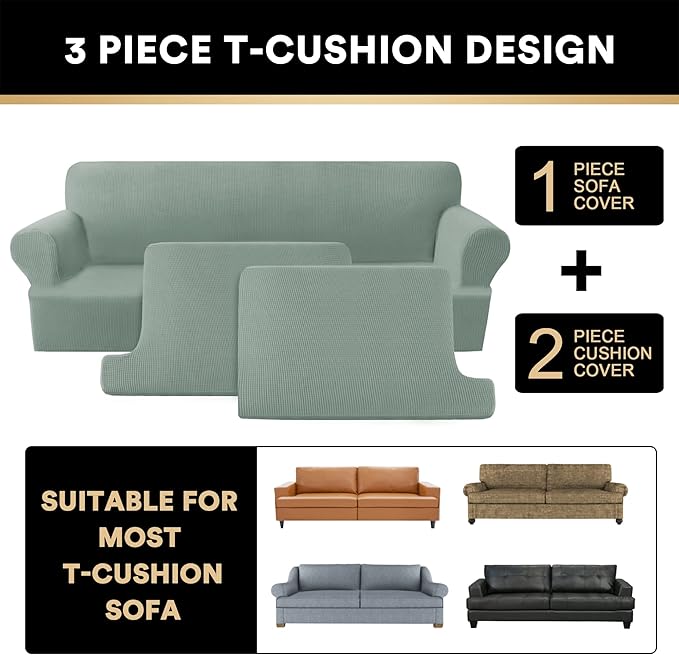 PrinceDeco T Cushion Sofa Slipcover 3 Pieces Sofa Covers for T Cushion Couch Soft Couch Covers Sofa Slip Cover Furniture Covers with 2 Individual T Shape Seat Covers Width Up to 88", Sage