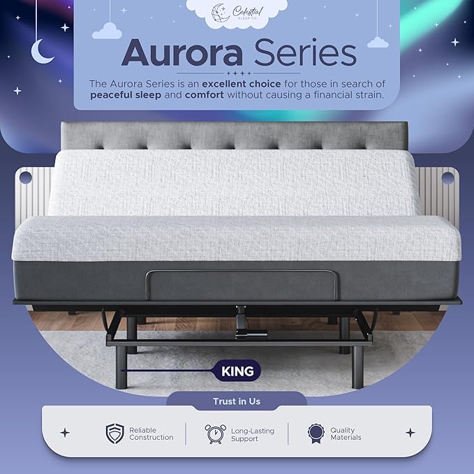 Celestial Sleep Aurora Adjustable Bed Base (Frame) + 12 inch Gel Memory Foam Mattress (Medium Soft), Easy Assembly, Head and Foot Lift, Zero Gravity, Memory Positions, CertiPUR-US Bed - King
