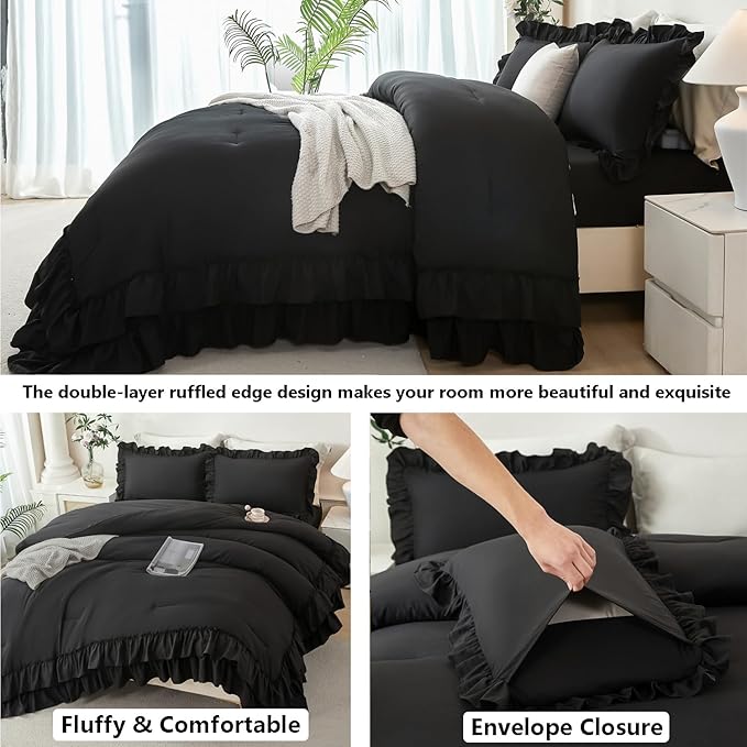 ANGIYUIN 5Pcs Black Full Size Ruffled Bed in Bag Farmhouse Shabby Comforter Set Solid Elegance Bedding Comforter Set with Sheets Soft Lightweight Bed Set for Women Men(Black Full)