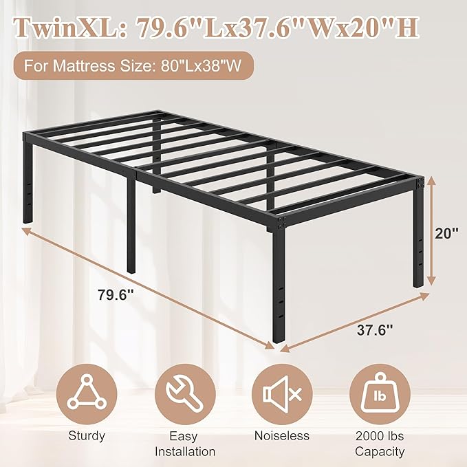 20 Inch Twin XL Size Bed Frame, No Box Spring Needed, Heavy Duty Black Metal Platform Mattress Foundation with Steel Slats, Non-Slip Noise Free Easy Assembly, Large Storage