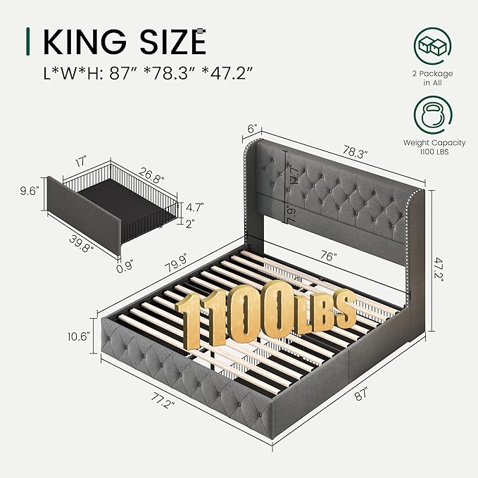 LARMACE Upholstered King Size Bed Frame with 4 Storage Drawers and 47.2" Tall Wingback Headboard Tufted Platform Bed Frame Linen Beds with Wooden Slats Support, Easy Assembly, Light Grey