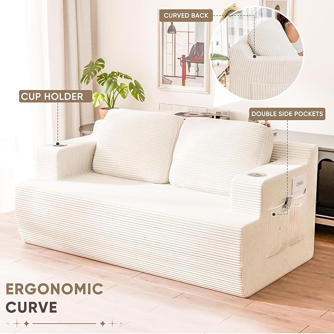 Homall 67” Cloud Couch Sofa 2 Seater Comfy Upholstered Loveseat Floor Sofa with High Density Memory Foam, No Assembly Required, Boneless Couch for Bedroom Living Room (White, Loveseat)