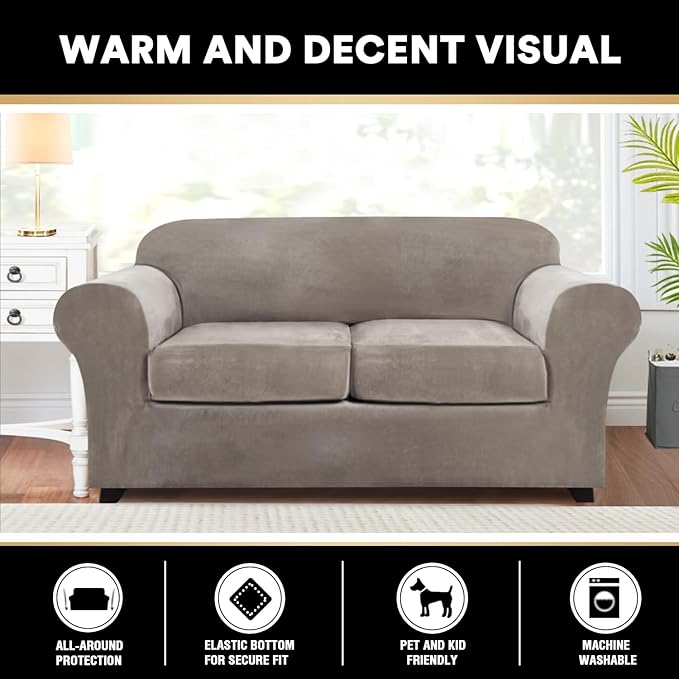 PrinceDeco Velvet Couch Cover Loveseat Covers for 2 Cushion Couch 3 Piece Sofa Covers for Dogs Washable Loveseat Covers Width Up to 72 Inch No Slip Stretch Sofa Slipcover(Medium, Taupe)