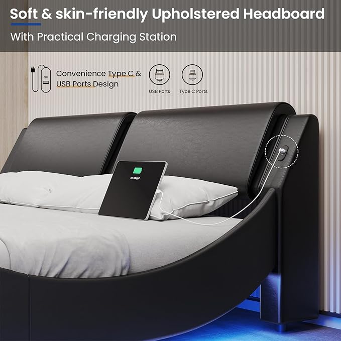 DICTAC California King Bed Frame with Led Lights and USB & Type-c Ports Modern Cali King Bed Frame with Headboard Faux Leather Wave Like Curve Low Profile Platform Bed Frame,No Box Spring Needed,Black