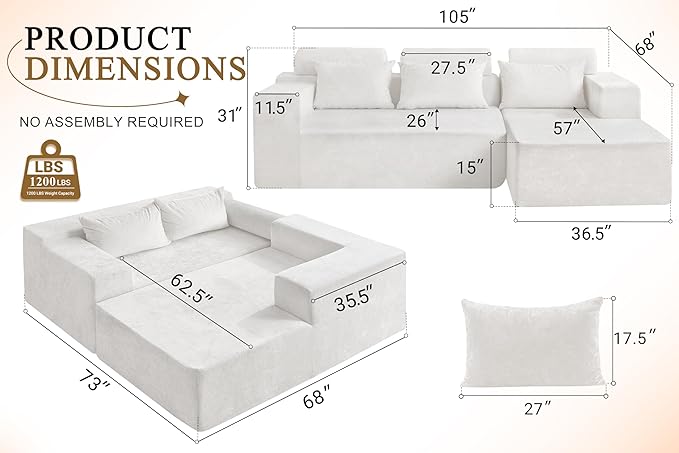 HABUTWAY 105" L-Shape Modular Sectional Sofa Couch for Living Room,No Assembly Required,Modular Comfy Sofa with Deep Seat for Living Room Bedroom,Luxury Distressed Velvet(Right,Beige)