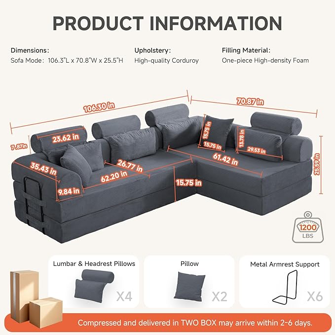 106" L-Shaped Boneless Sectional Couch, 2-Piece 70.87" Modules, Converts to 141.7" Extra-Long Straight Sofa, Corduroy Couch in a Box with Headrest & Back Pillows for Living Room, Dark Grey