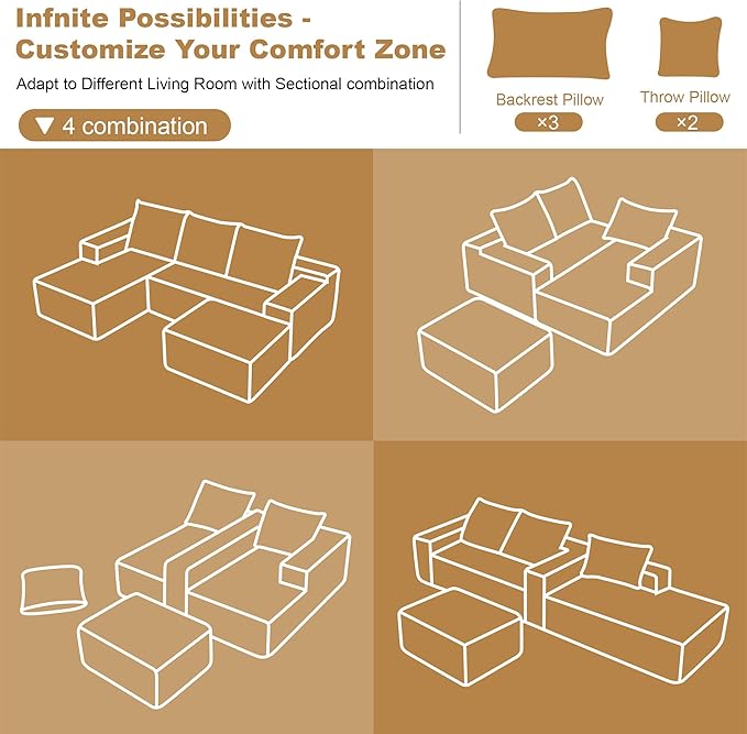 108" Sectional Couches for Living Room Cloud Couch Sofa with L-Shape Upholstered Boneless Couchs Modern Modular Sectional Couch with Chaise (Grey, 108" Left Facing Chaise+2Seaters+1Ottoman)