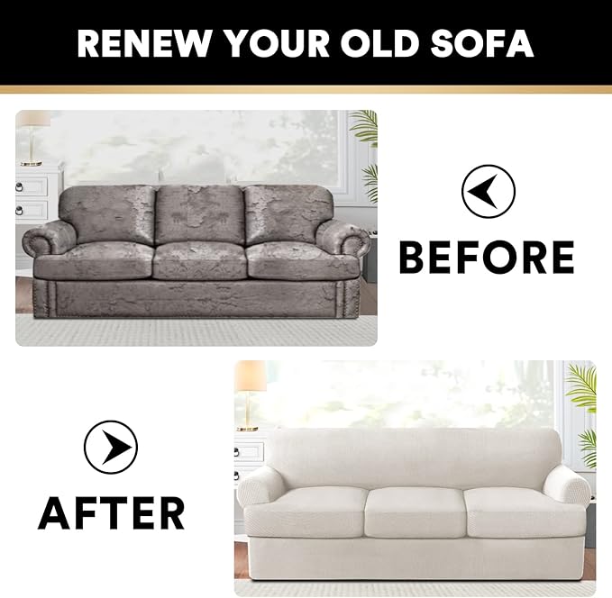 PrinceDeco T Cushion Sofa Slipcover 4 Pieces Sofa Covers for T Cushion Couch Soft Sofa Slip Covers Furniture Protector with 3 Individual T Shape Seat Covers (70"-88") Washable, Ivory