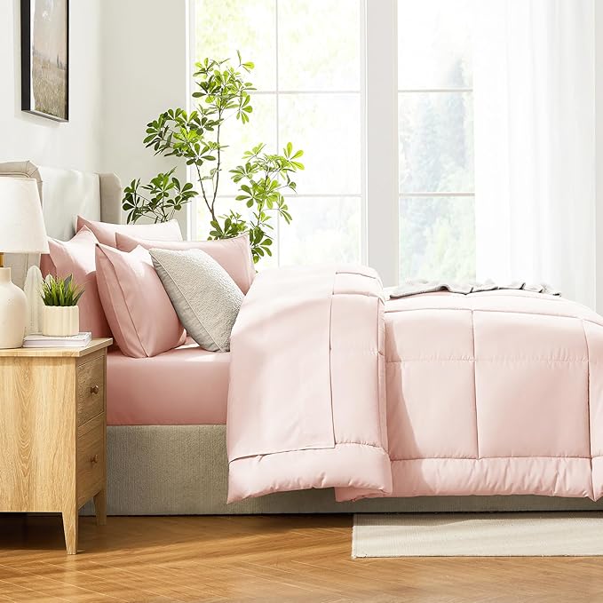 CozyLux Oversized Queen Comforter Sets Blush Pink, 7 Pieces Bed in a Bag, Ultra-Soft All Season Bedding Sets with Stitch Quilted Comforter, Flat Sheet, Fitted Sheet, Pillowcases