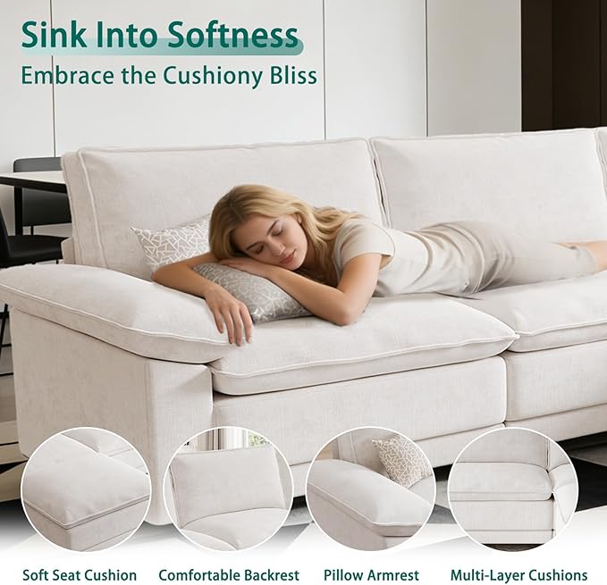 Modern L Shaped Sofa Couches for Living Room, Modular Sectional Cloud Couch with Movable Ottoman, Comfy Chenille Sofa for Apartment and Small Space, Beige