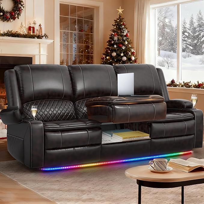 Recliner Sofa 3 Seater Sofa with Recliner, Home Theater Seating with Liftable Console & Removable Armrest, Manual PU Leather Reclining Couch with Cup Holders & USB Ports for Living Room/RV (PU,Brown)